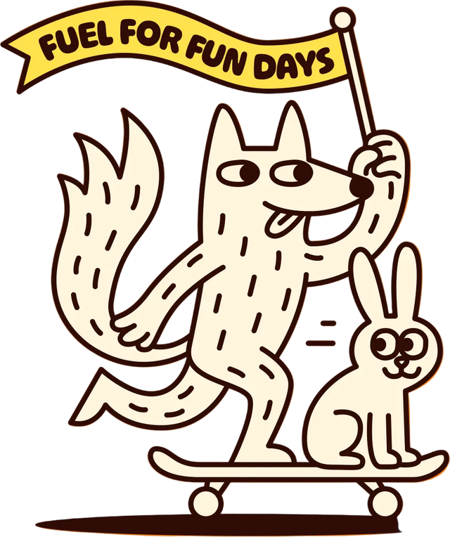 Cartoon fox and bunny riding a skateboard, the fox waving a Fuel for Fun Days banner